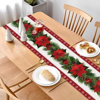 Alopini Weihnachten Tisch Läufer Leinen mit Blumen Weihnachtsbaum Glocken Print, lange rechteckige Weihnachten Tischdecke für Weihnachten Abendessen Tischdekoration  