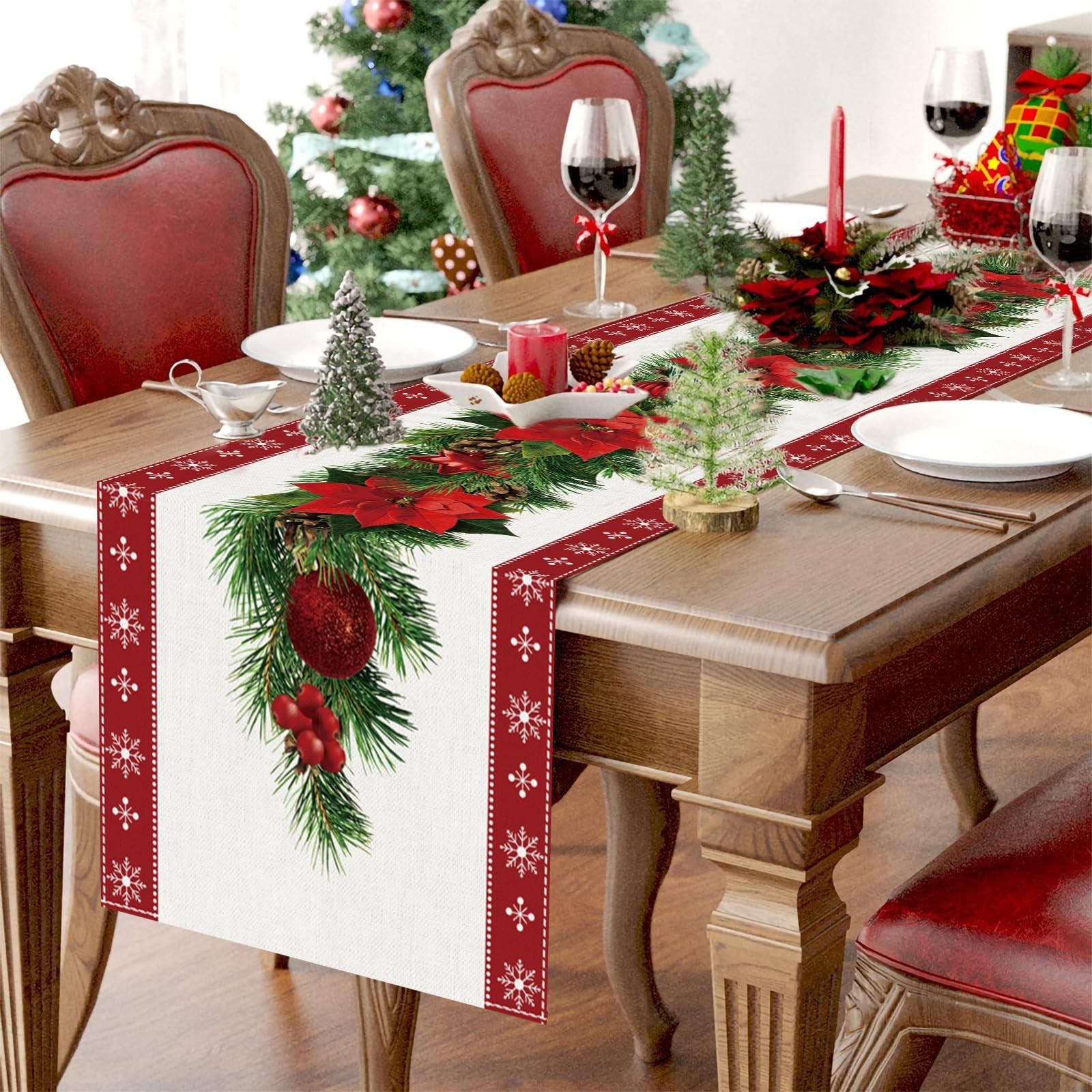 Alopini Weihnachten Tisch Läufer Leinen mit Blumen Weihnachtsbaum Glocken Print, lange rechteckige Weihnachten Tischdecke für Weihnachten Abendessen Tischdekoration  