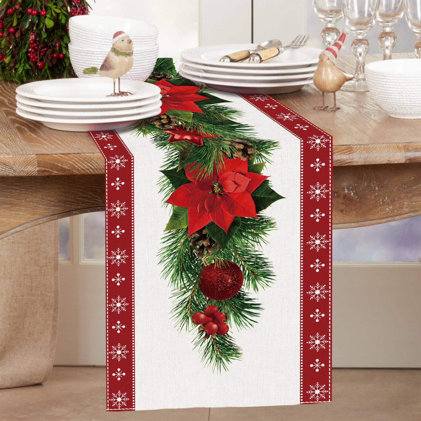 Alopini Chemin de table de Noël en lin avec fleurs et cloches d'arbre de Noël, longue nappe rectangulaire de Noël pour la décoration de la table du dîner de Noël  