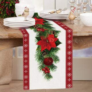 Alopini Weihnachten Tisch Läufer Leinen mit Blumen Weihnachtsbaum Glocken Print, lange rechteckige Weihnachten Tischdecke für Weihnachten Abendessen Tischdekoration  