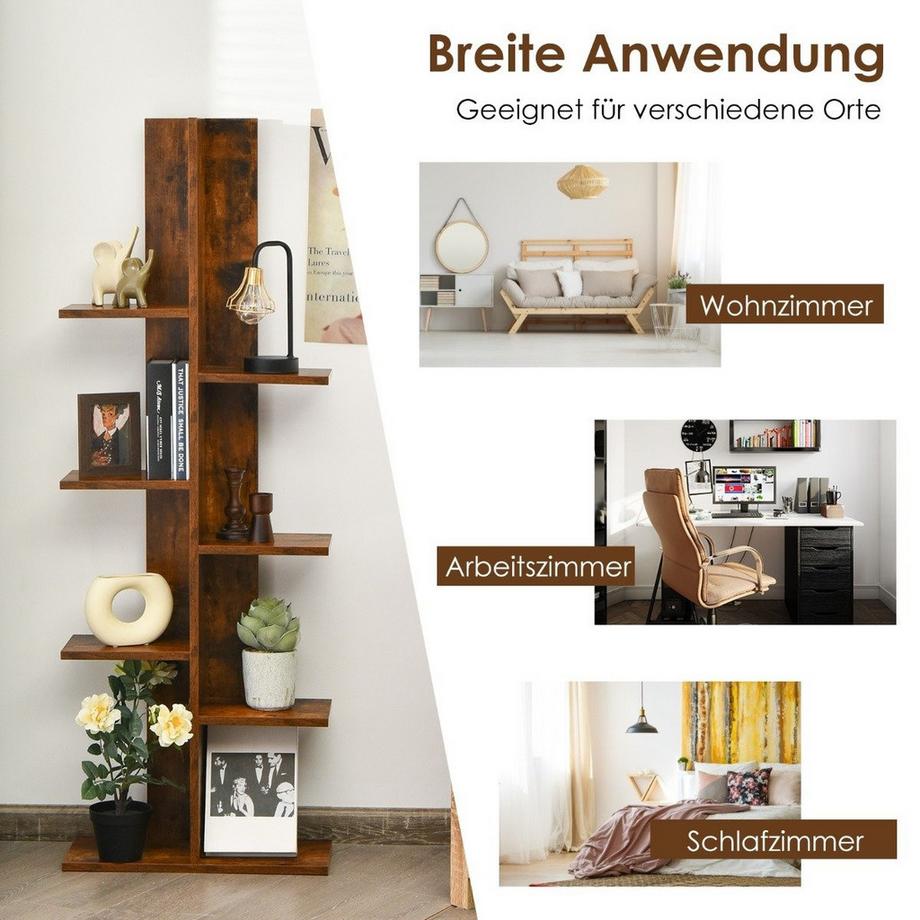 Northix Bücherregal in Baumform mit 8 Ablagen Freistehendes Standregal Büroregal 50 x 20 x 141 cm Braun  