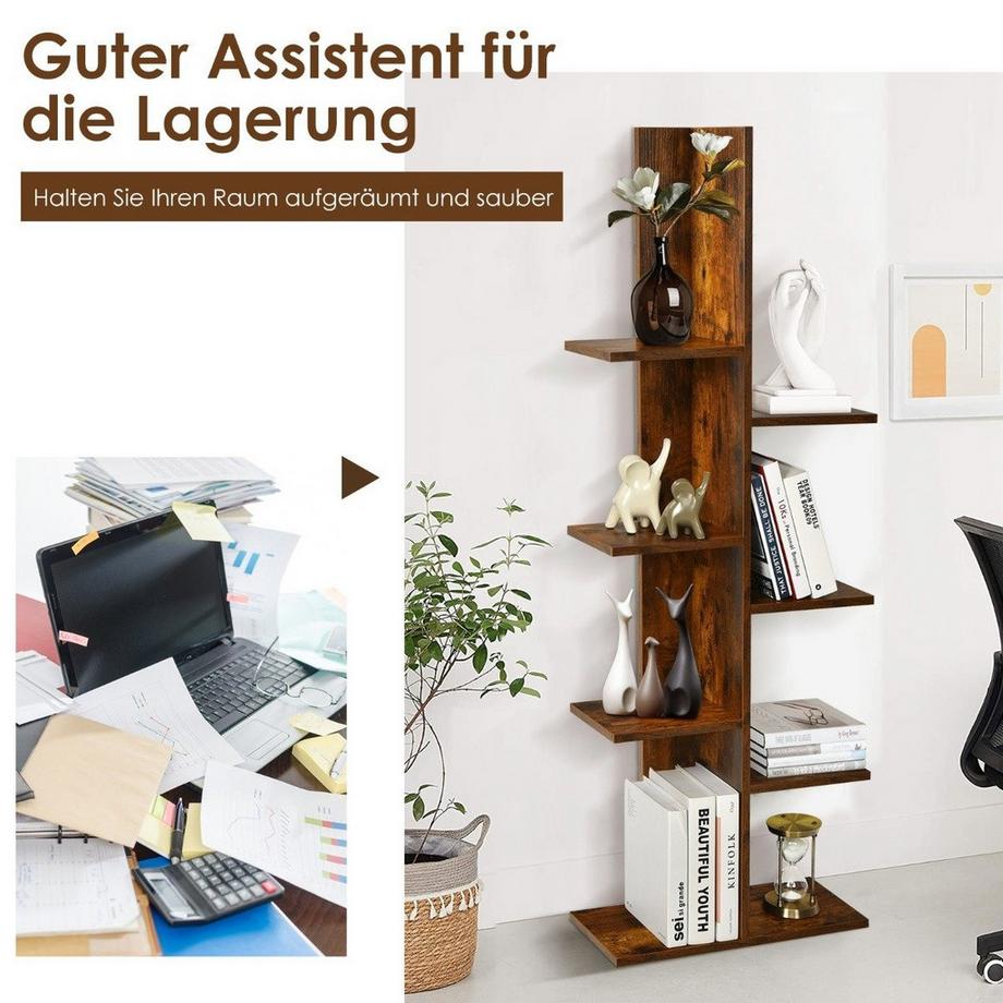 Northix Bücherregal in Baumform mit 8 Ablagen Freistehendes Standregal Büroregal 50 x 20 x 141 cm Braun  