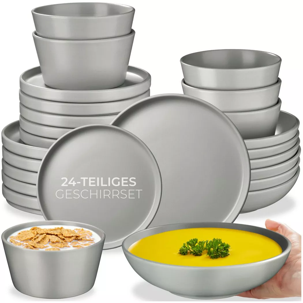24 pièces service de table en grès pour 6 personnes gris