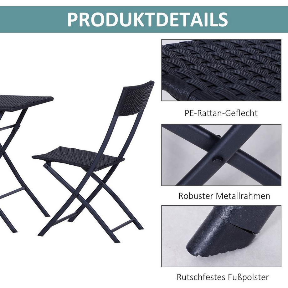 Northio Polyrattan Bistroset Für 2 Personen Sitzgruppe Rattan Gartenmöbel Set Garnitur Schwarz  