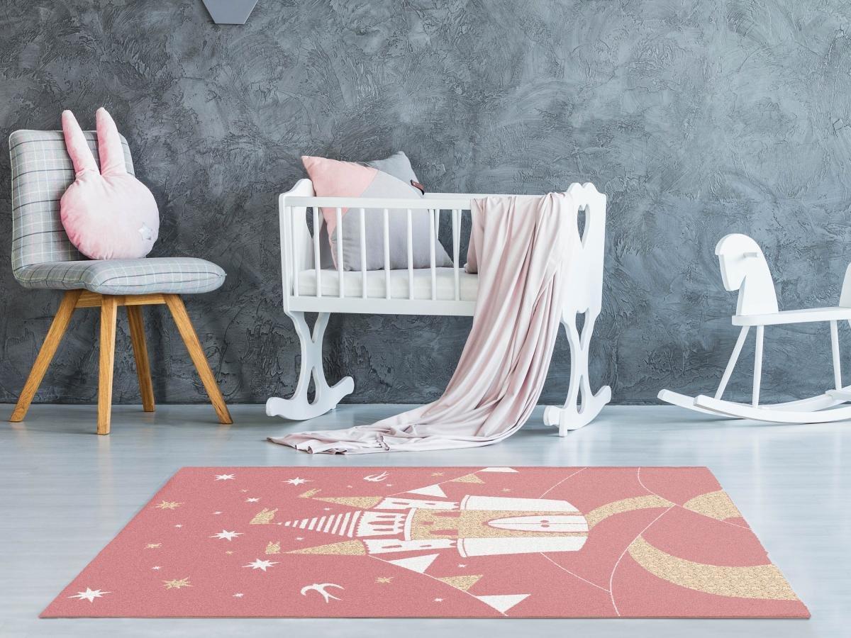 Vente-unique  Kinderteppich Märchenschloss - Glänzendes Lurex-Finish - 120 x 170 cm - Rosa & Goldfarben - PRINCESIA 