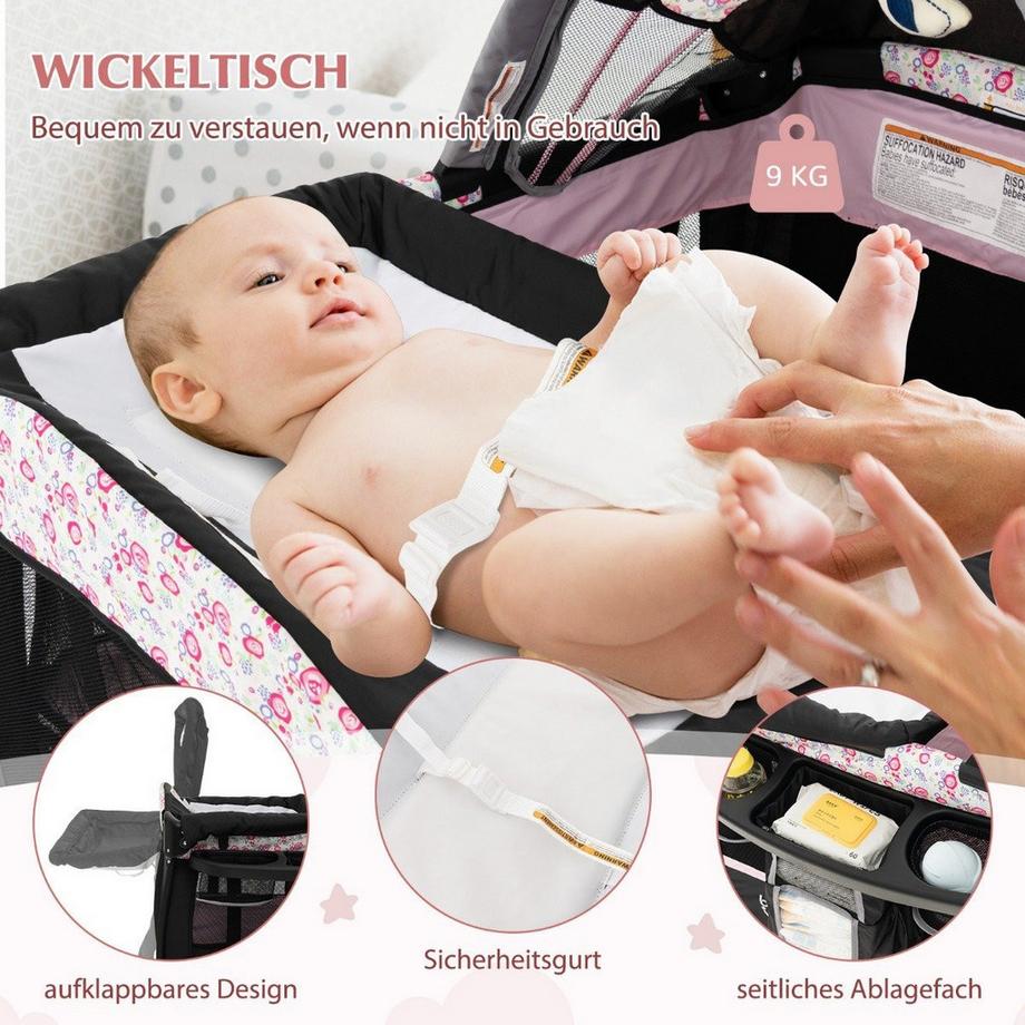 Northix  4 in 1 Reisebett mit Matratze Beistellbett klappbar mit verstellbaren Vordach Rosa Blumen 