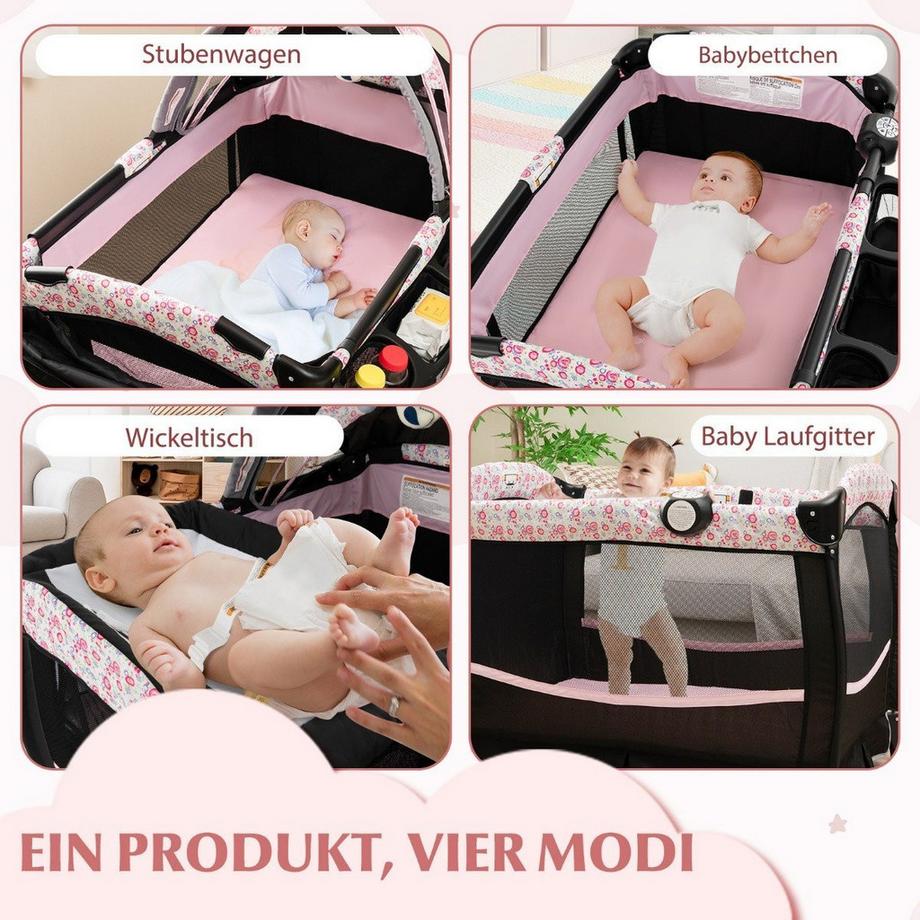 Northix  4 in 1 Reisebett mit Matratze Beistellbett klappbar mit verstellbaren Vordach Rosa Blumen 