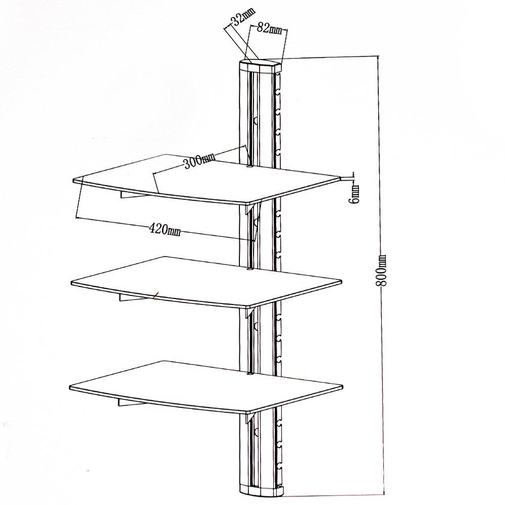 Tectake Supporto con fissaggio a parete e 3 ripiani per lettori DVD e ricevitori modello 3  