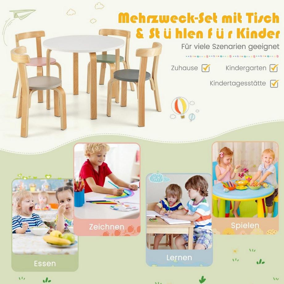 Northix Tavolo per bambini tavolo in legno con 4 sedie per bambini set tavolo e sedia per bambini con schienale colorato  