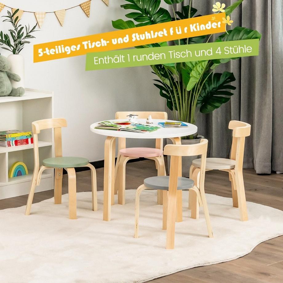 Northix Tavolo per bambini tavolo in legno con 4 sedie per bambini set tavolo e sedia per bambini con schienale colorato  