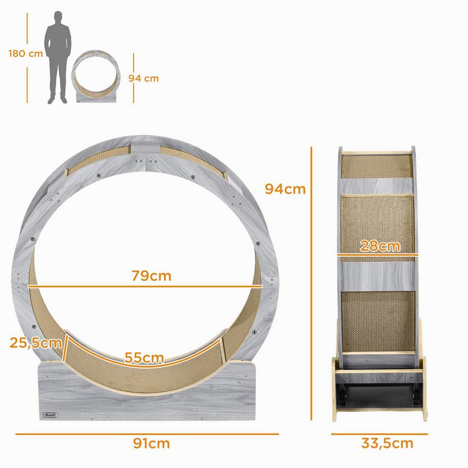 Northio  Katzenlaufrad Laufrad für Katzen 91 cm mit Bremse, Kratzbrett, Katzenrad für gesunde Bewegung, Entspannung, Grau 