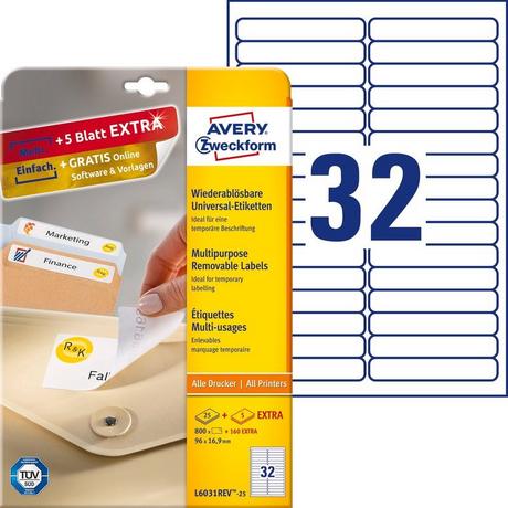 Avery-Zweckform AVERY ZWECKFORM Etiketten 96x16,9mm L6031REV2 weiss 960 Stk./25 + 5 Blatt  