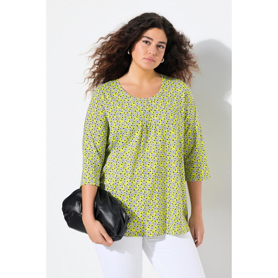 Ulla Popken T-shirt floral ligne A avec plis fantaisie col rond manches 3/4  