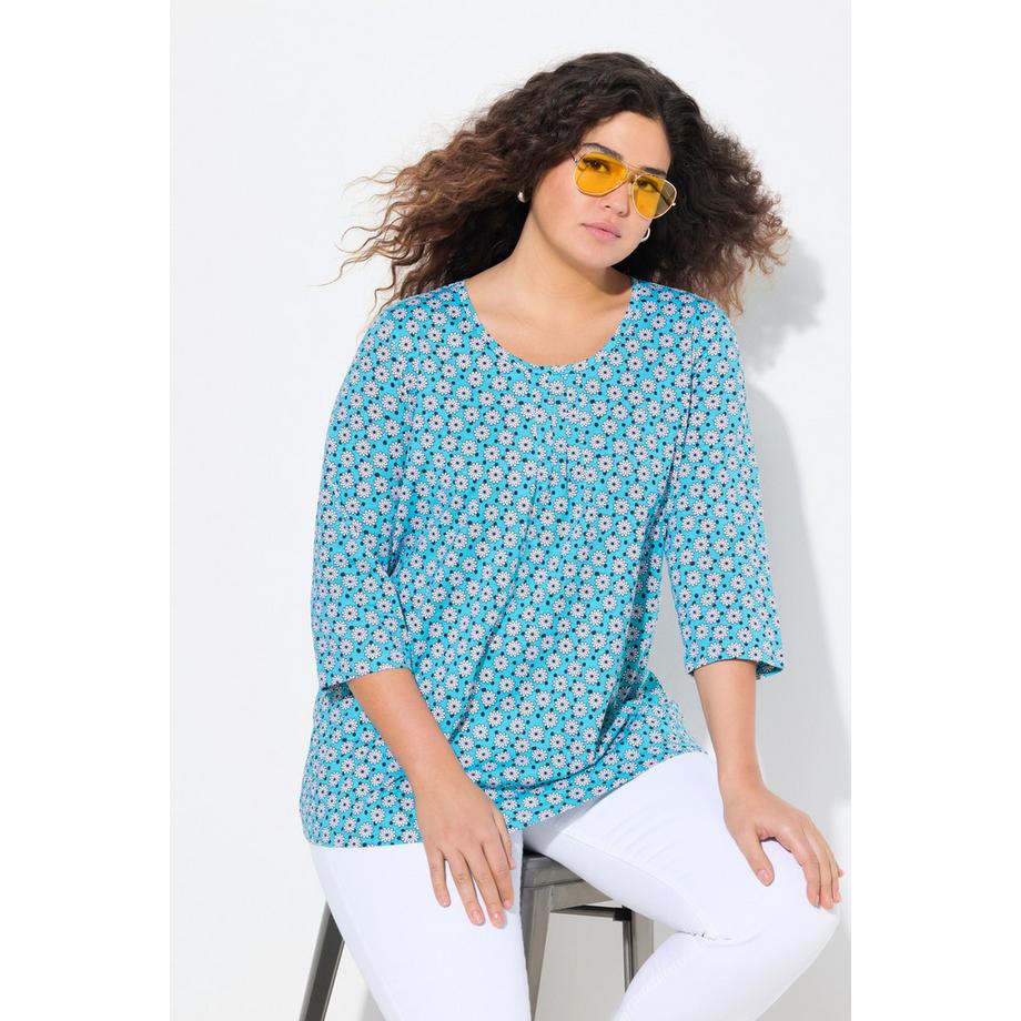 Ulla Popken T-shirt floral ligne A avec plis fantaisie col rond manches 3/4  