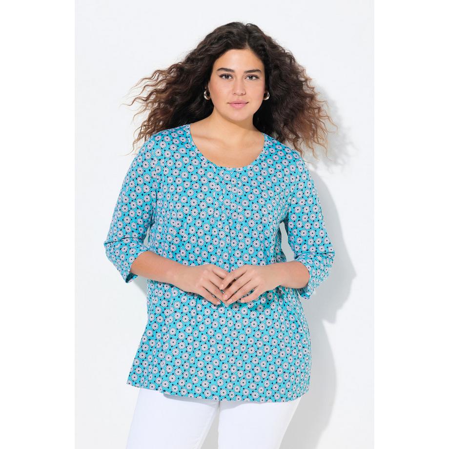 Ulla Popken T-shirt floral ligne A avec plis fantaisie col rond manches 3/4  