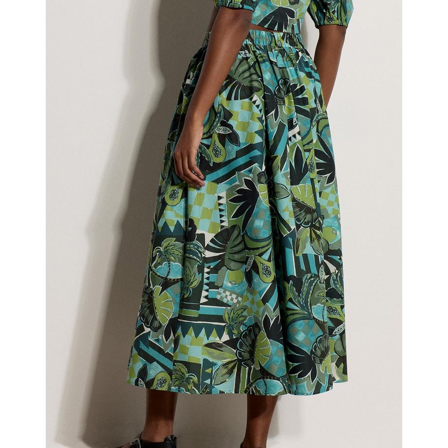 APRICOT Gonna midi con patchwork di foglie tropicali  
