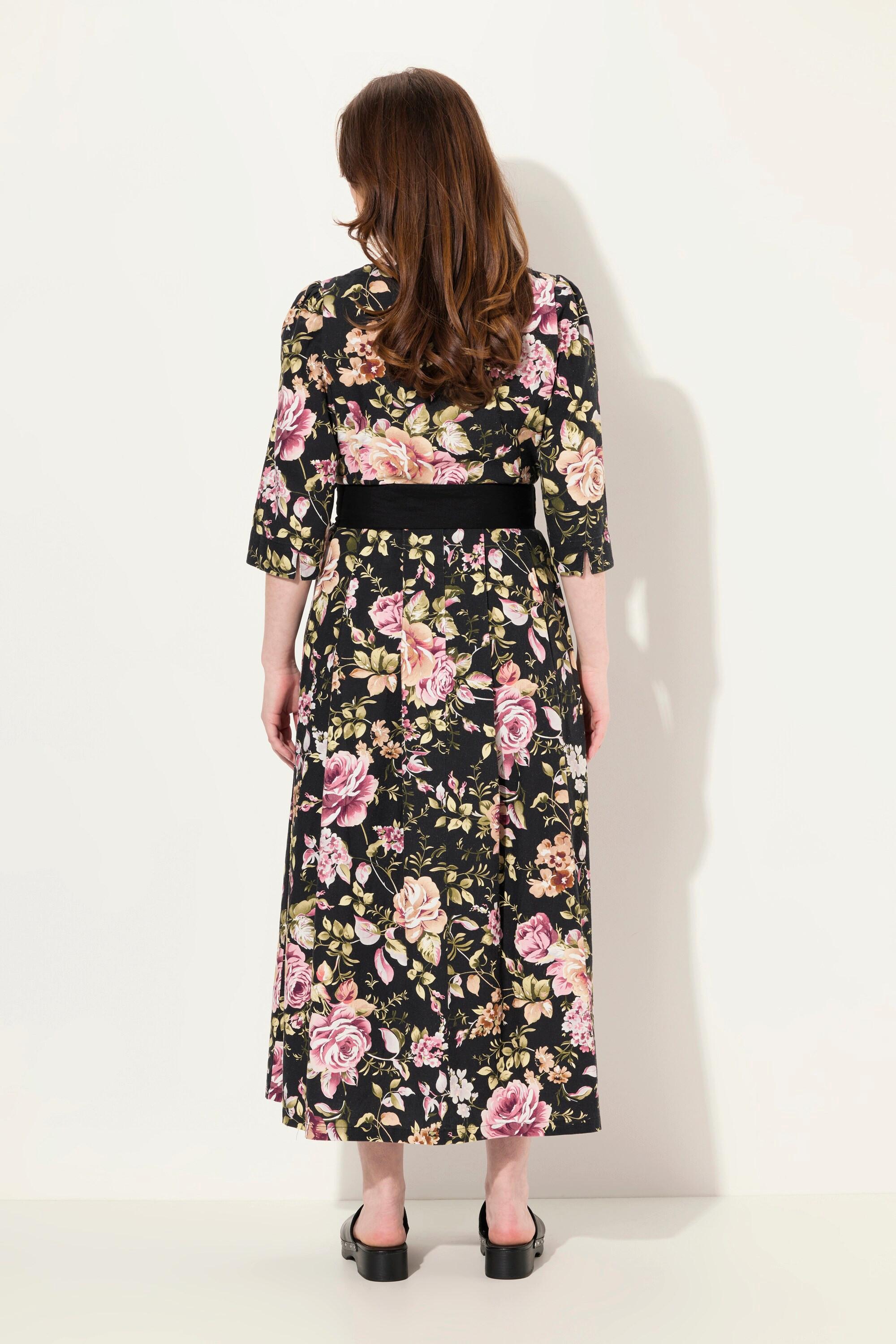 Ulla Popken Maxi Abito Misto Lino Linea A Scollo Rotondo Maniche 3/4  