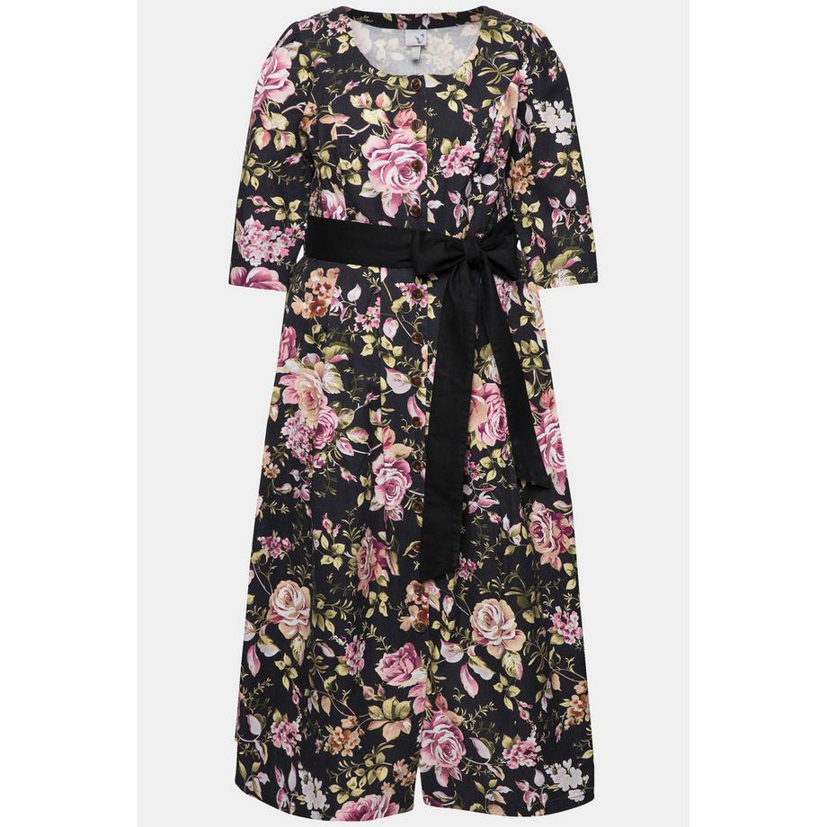 Ulla Popken Maxikleid Leinenmix A-Linie Rundhals 3/4-Arm  