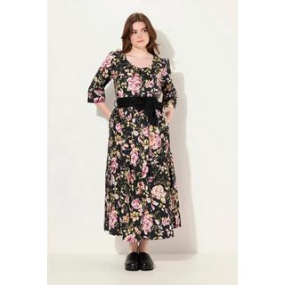 Ulla Popken  Robe maxi en lin mélangé, décolleté rond et manches 3/4. Coupe évasée. 