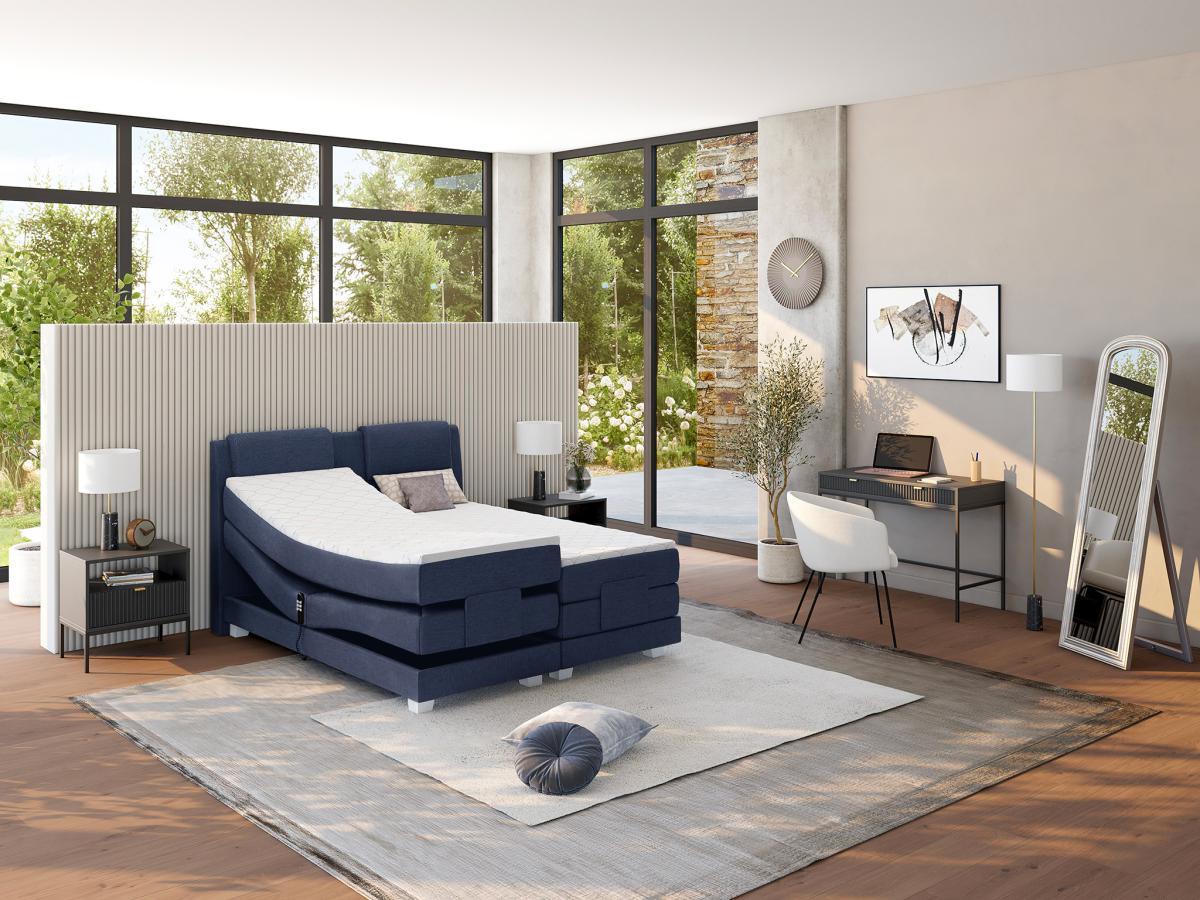 Vente-unique Ensemble complet boxspring tête de lit + sommiers relaxation électrique + matelas + surmatelas - 2 x 90 x 200 cm - Tissu - Denim - CASTEL de PALACIO  