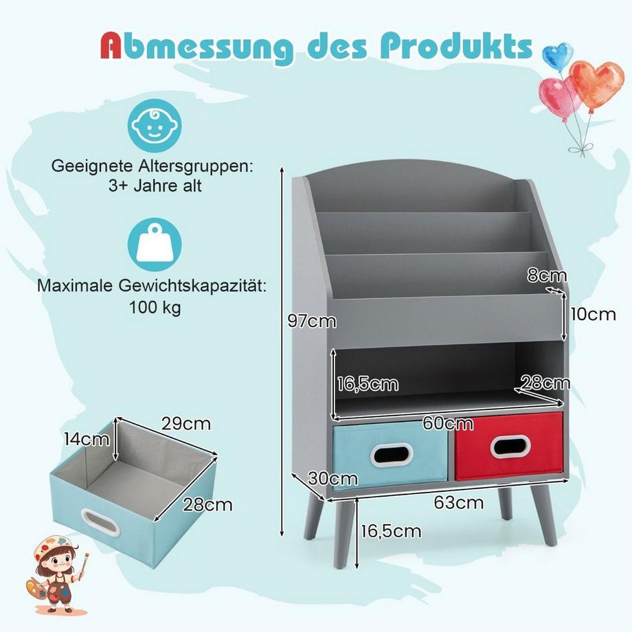 Northio Bibliothèque pour enfants avec 3 étagères et 3 étagères. compartiment ouvert et amp; 2 tiroirs en tissu gris  