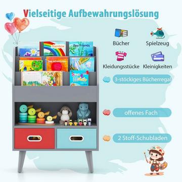Bibliothèque pour enfants avec 3 étagères et 3 étagères. compartiment ouvert et amp; 2 tiroirs en tissu gris