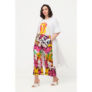 Ulla Popken  Pantaloni a 7/8 con effetto lino, fiori, taglio della gamba ampio e cintura comoda 