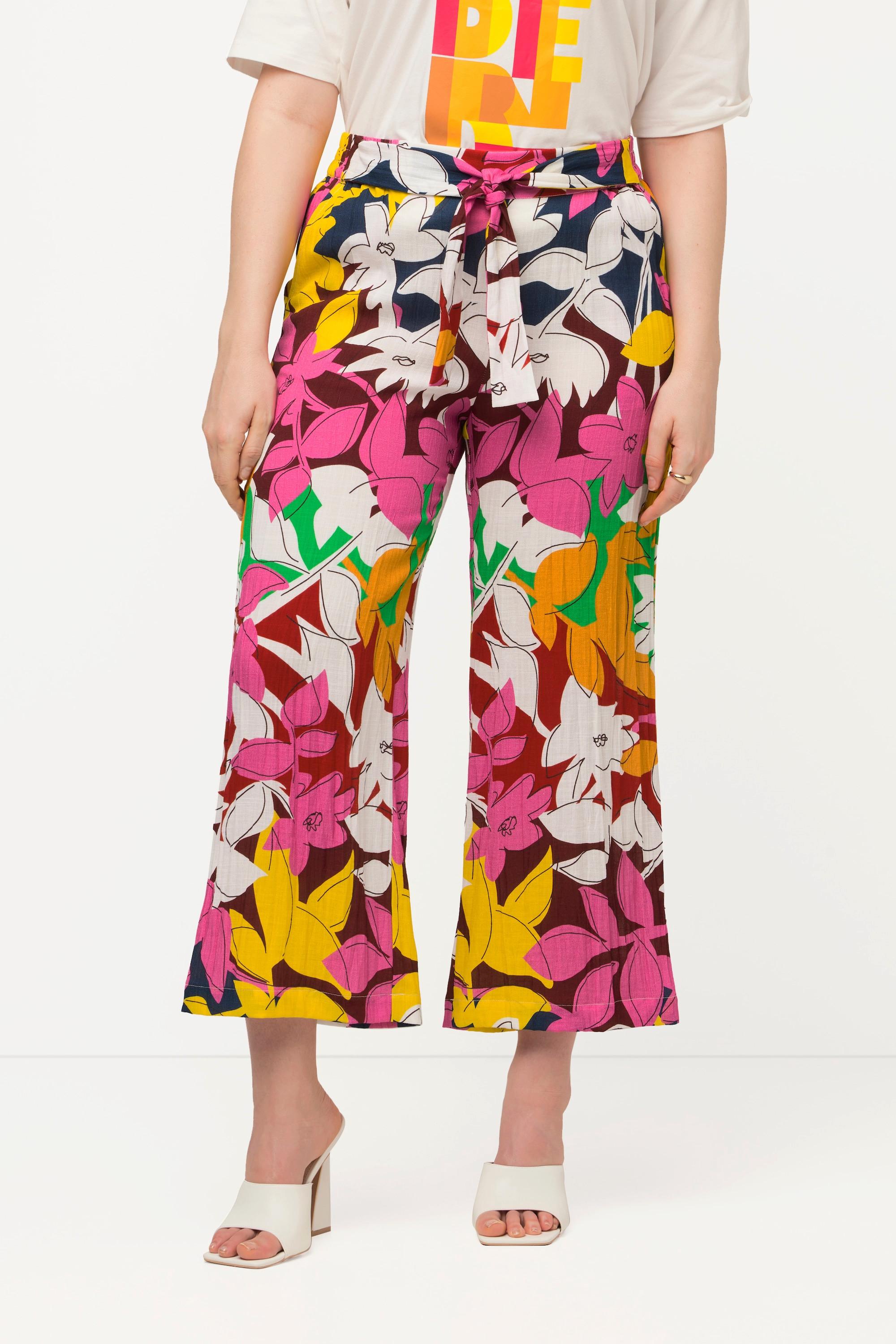 Ulla Popken  Pantaloni a 7/8 con effetto lino, fiori, taglio della gamba ampio e cintura comoda 