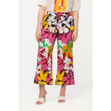 Ulla Popken  Pantaloni a 7/8 con effetto lino, fiori, taglio della gamba ampio e cintura comoda 