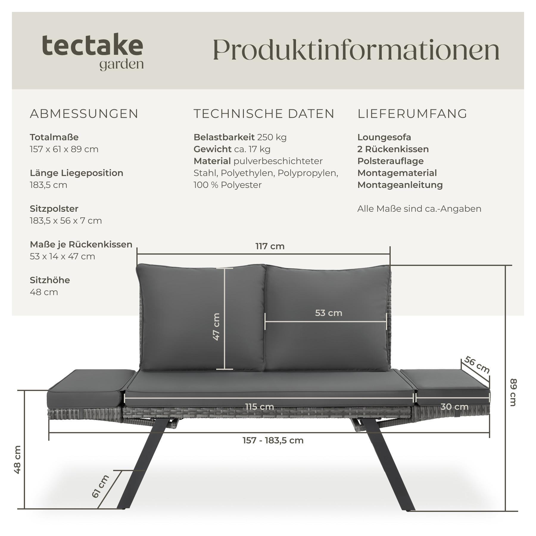 Tectake Rattan-Loungesofa Sintra 2in1 Funktion UV-beständiges und wetterfestes Geflecht  