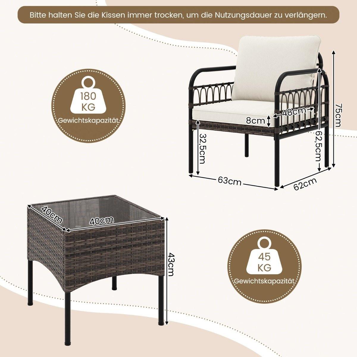 Northix 3 pezzi Set poltrona in rattan con tavolino in vetro e cuscini set conversazione set mobili da giardino sedie da giardino  
