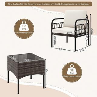 Northix 3 pezzi Set poltrona in rattan con tavolino in vetro e cuscini set conversazione set mobili da giardino sedie da giardino  