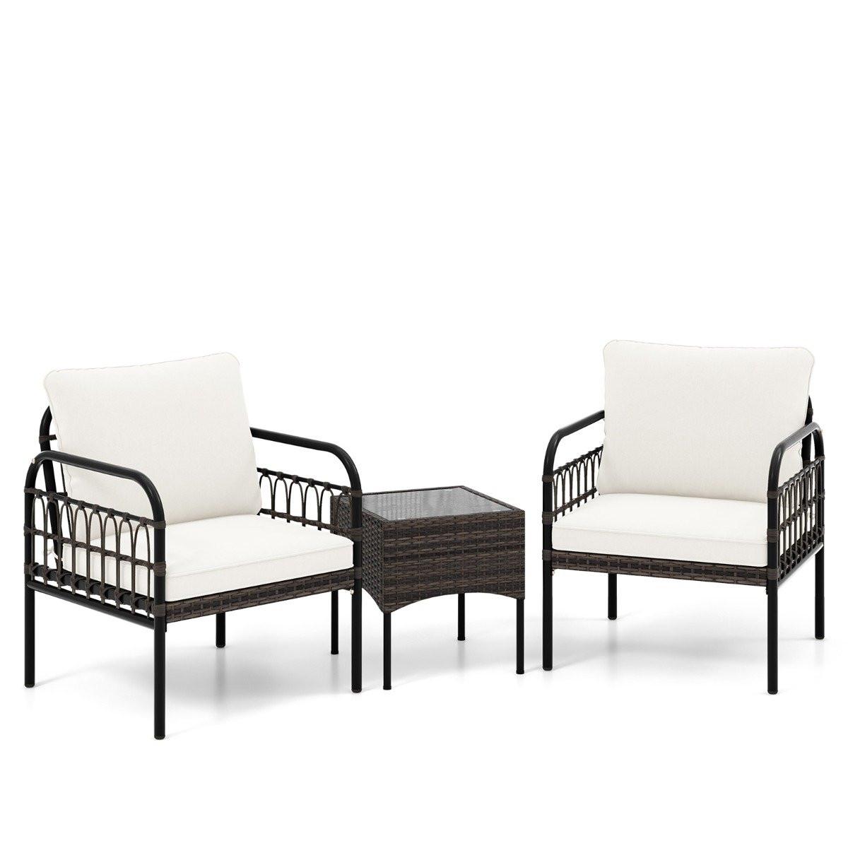 Northix 3 pezzi Set poltrona in rattan con tavolino in vetro e cuscini set conversazione set mobili da giardino sedie da giardino  