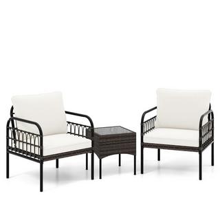 Northix 3 pezzi Set poltrona in rattan con tavolino in vetro e cuscini set conversazione set mobili da giardino sedie da giardino  