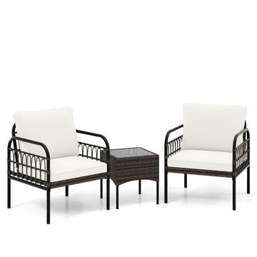 3 pezzi Set poltrona in rattan con tavolino in vetro e cuscini set conversazione set mobili da giardino sedie da giardino