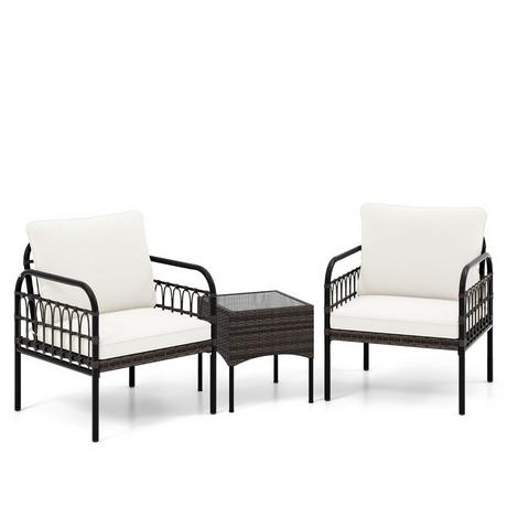 Northix 3 pezzi Set poltrona in rattan con tavolino in vetro e cuscini set conversazione set mobili da giardino sedie da giardino  