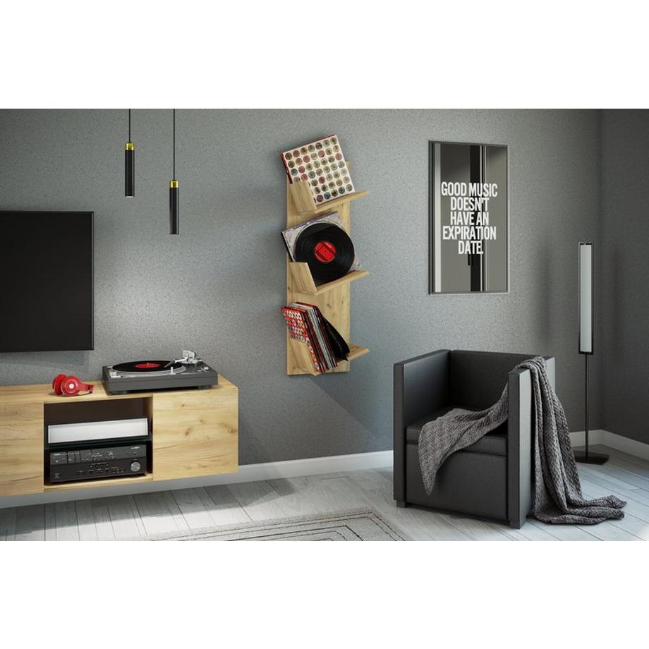 VCM Holz Wandregal | Wandboard mit drei großen Fächer | Platz für 100 Schallplatten | kann auch für Bücher verwendet werden | Maße: H. 106 x B. 33 x T. 26  