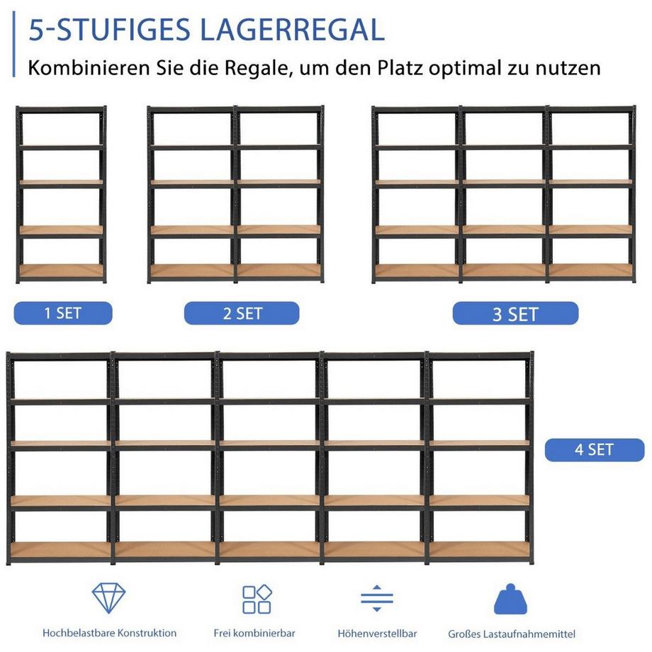 Northix 5 Ebenen Lagerregal mit Metallrahmen Metallregal bis 650kg Belastbar 75 x 30 x 150 cm Schwarz  
