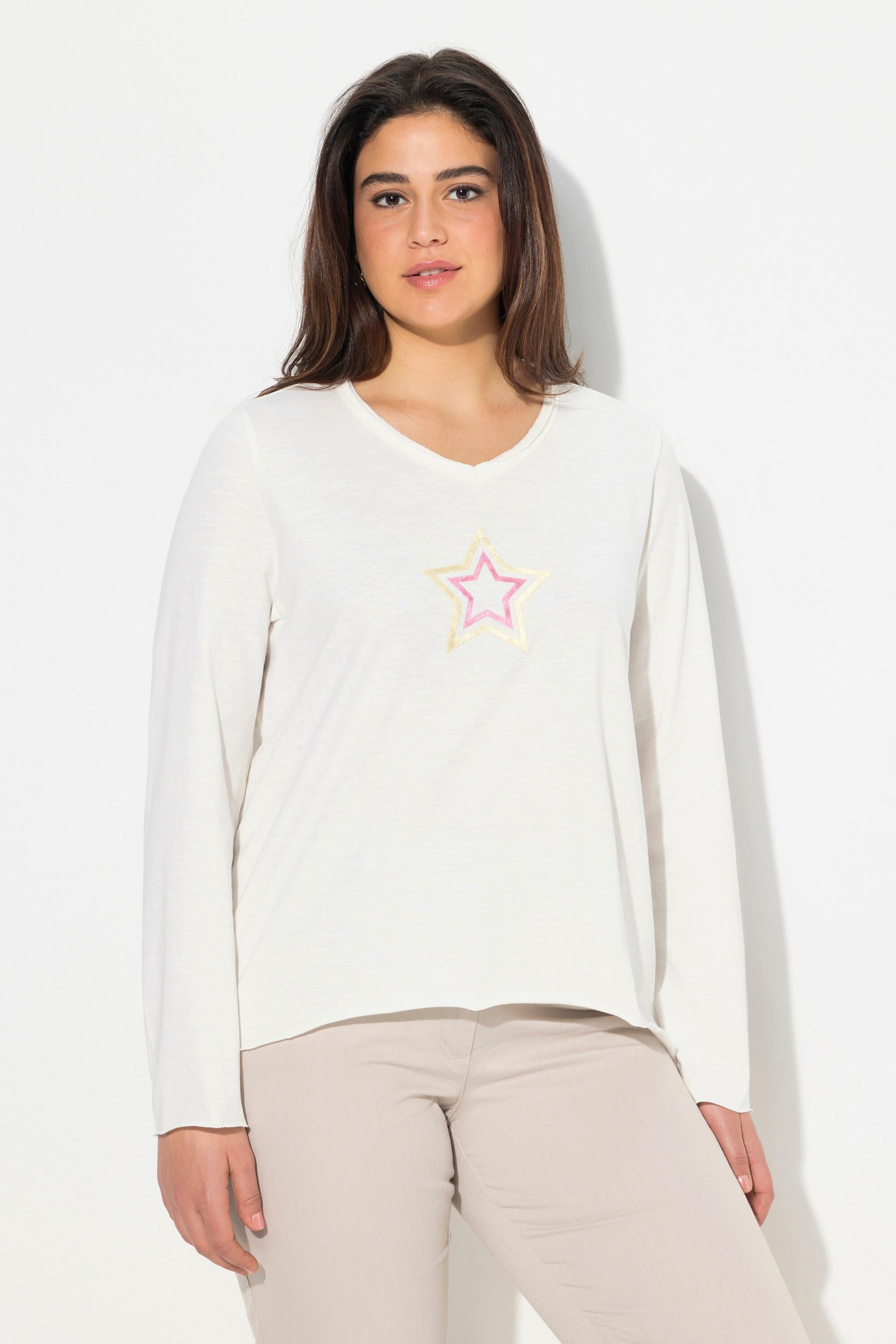 Ulla Popken  T-shirt avec étoiles et bords roulottés, décolleté en V et manches longues, coupe évasée 