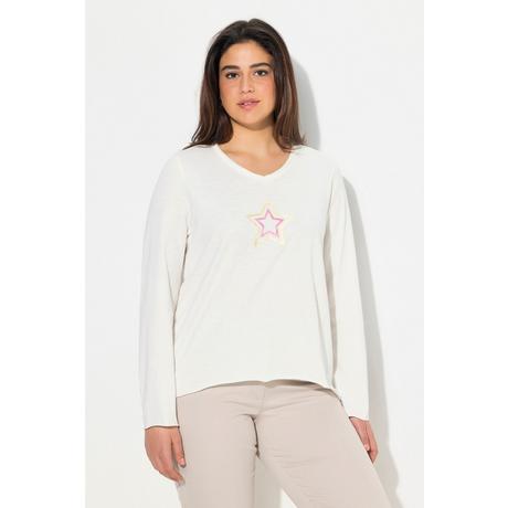 Ulla Popken  T-shirt avec étoiles et bords roulottés, décolleté en V et manches longues, coupe évasée 