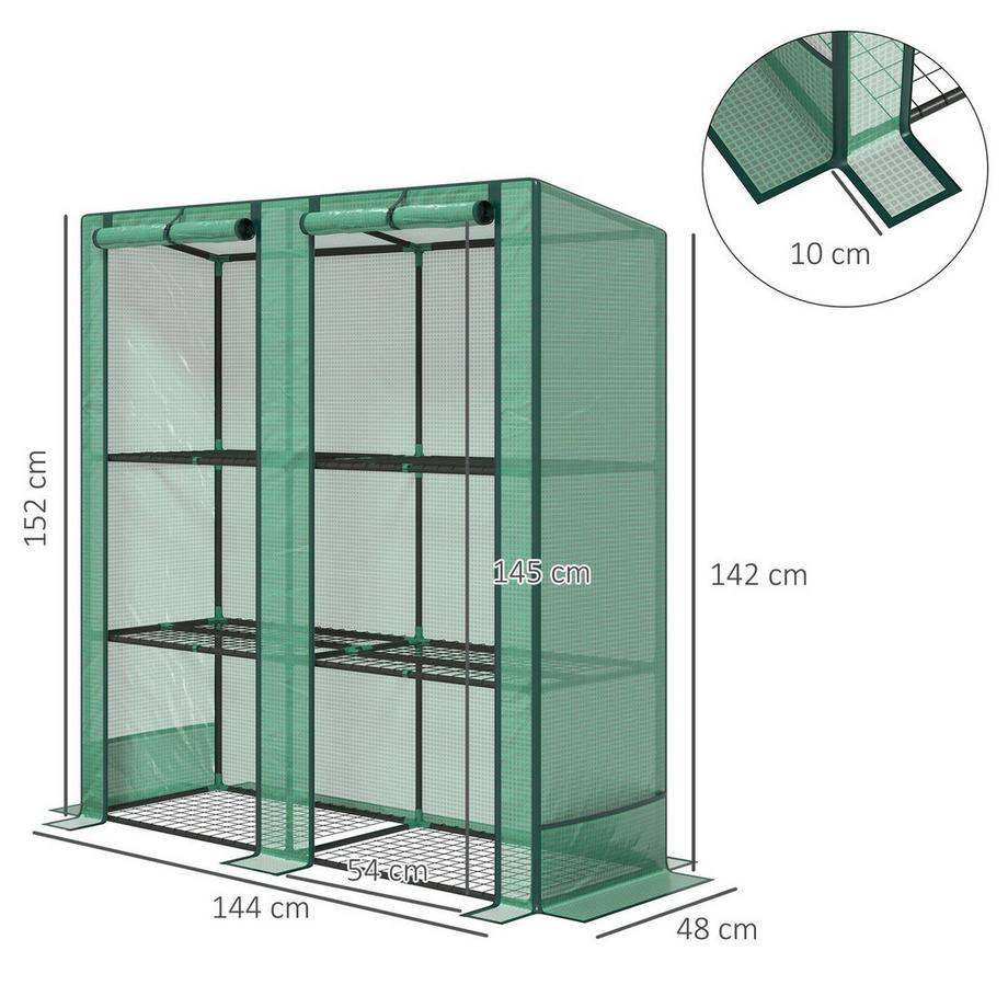 Northio Serra con tetto spiovente, doppia porta, ripiani, serra in pellicola resistente all'inverno in acciaio, serra per balcone, giardino, serra per pomodori 144 x 48 x 152 cm, serra per pomodori, verdure, verde  