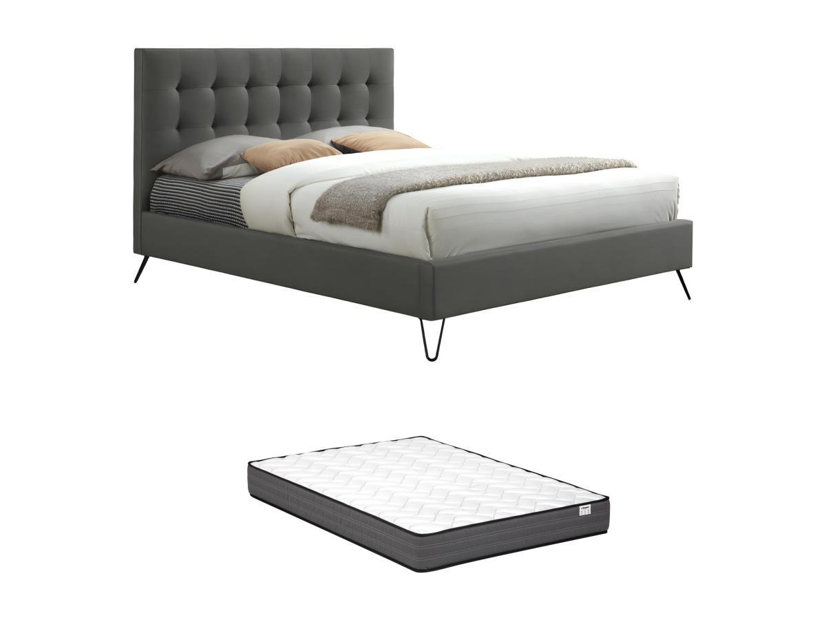 Image of Bett 140 x 190 cm mit gestepptem Kopfteil - Stoff - Grau + Matratze - COSTANZA Bett 140 x 190 cm mit gestepptem Kopfteil - Stoff - Grau + Matratze - COSTANZA