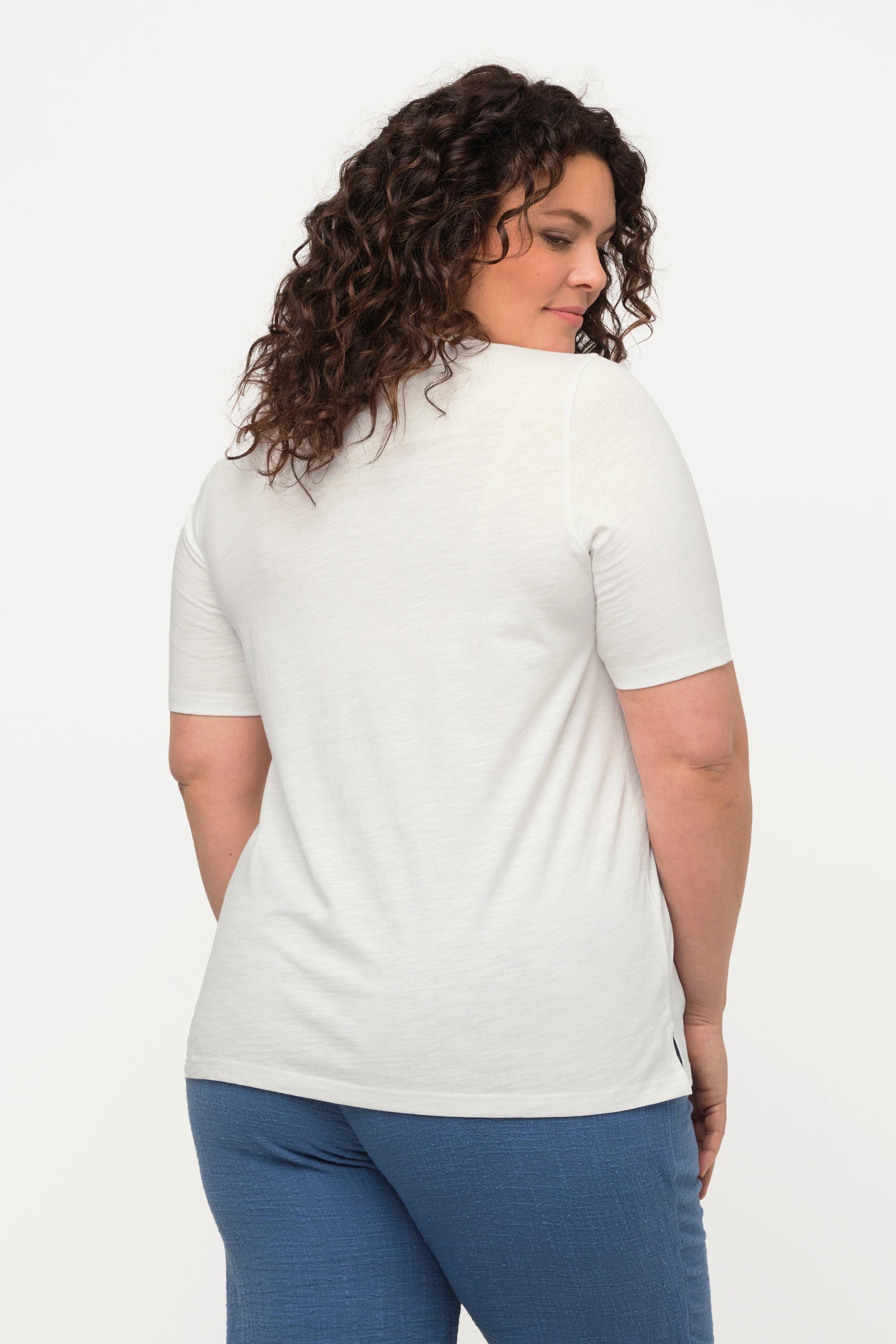 Ulla Popken  T-shirt di cotone biologico con PURE, scollatura a V e mezze maniche 