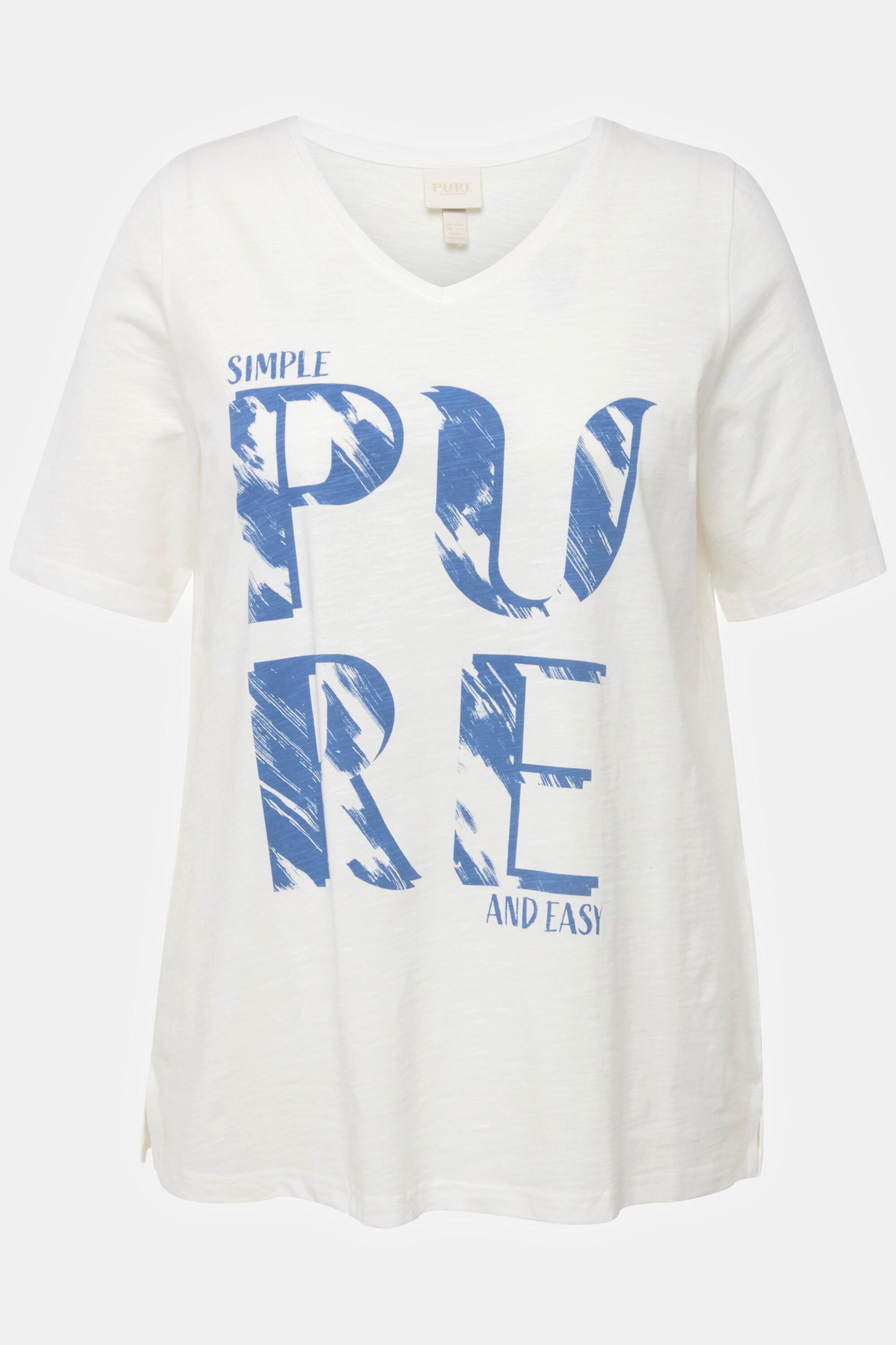 Ulla Popken  T-shirt di cotone biologico con PURE, scollatura a V e mezze maniche 