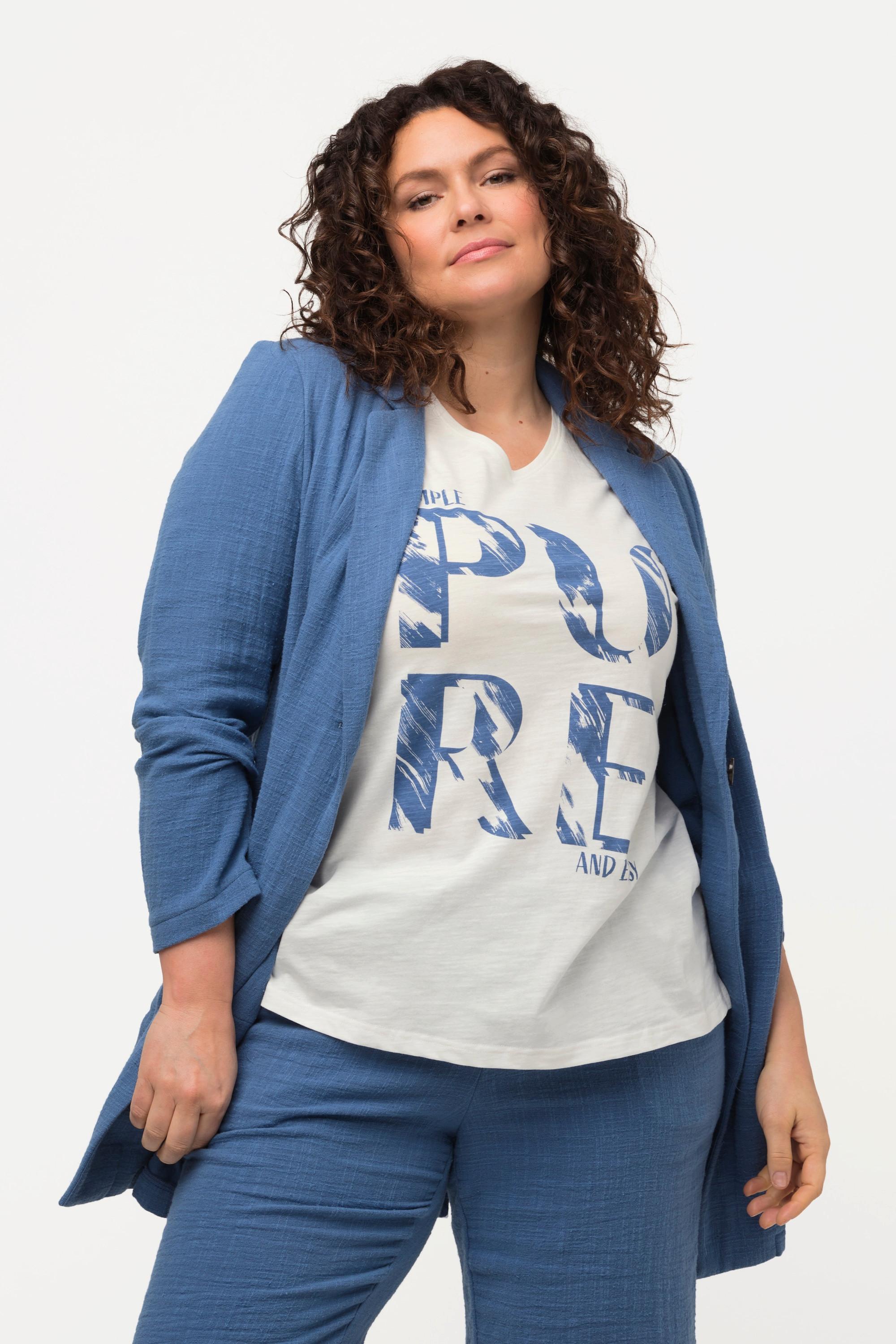 Ulla Popken  T-shirt di cotone biologico con PURE, scollatura a V e mezze maniche 