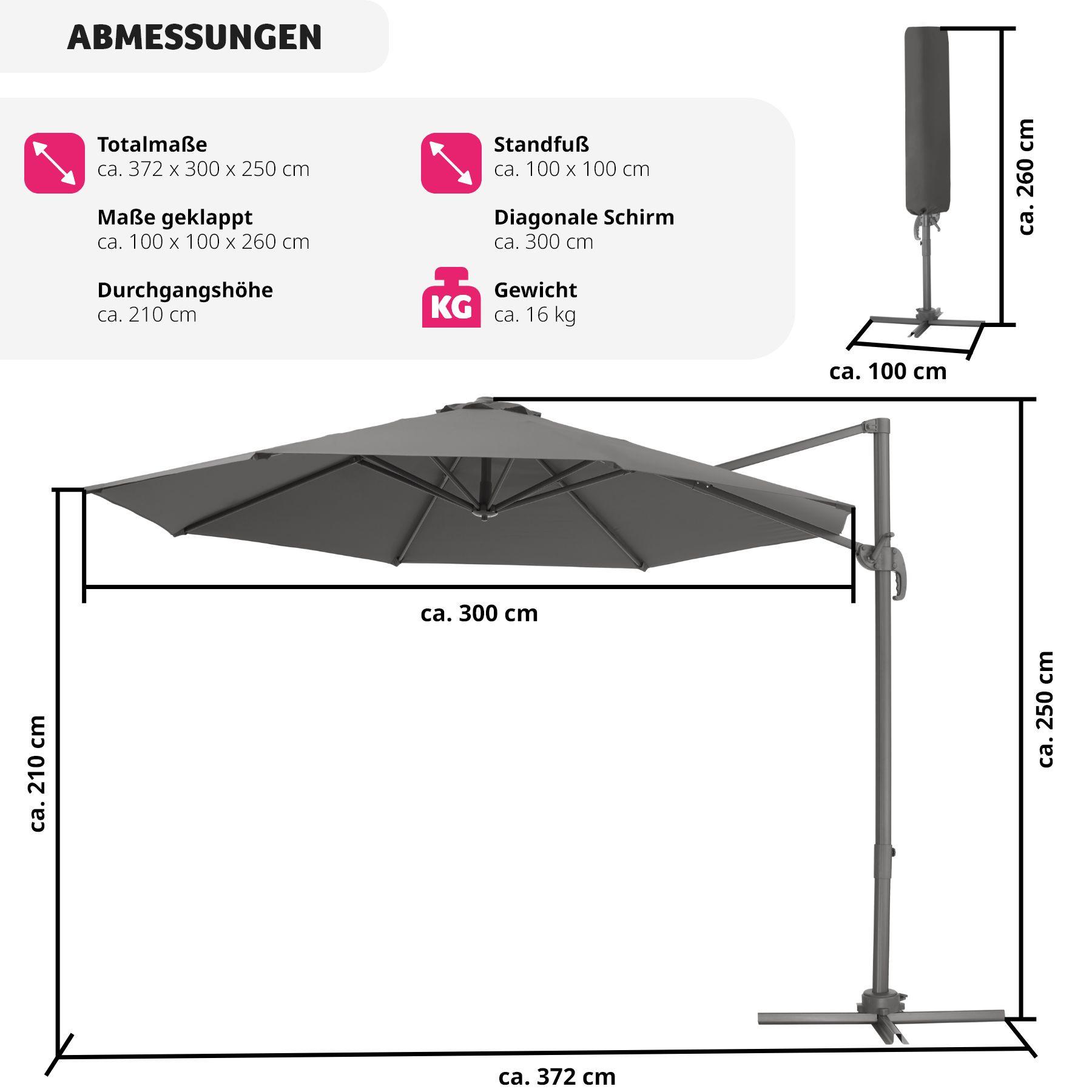 Tectake Parasol DARIA 300 cm avec pied déporté et housse de protection  