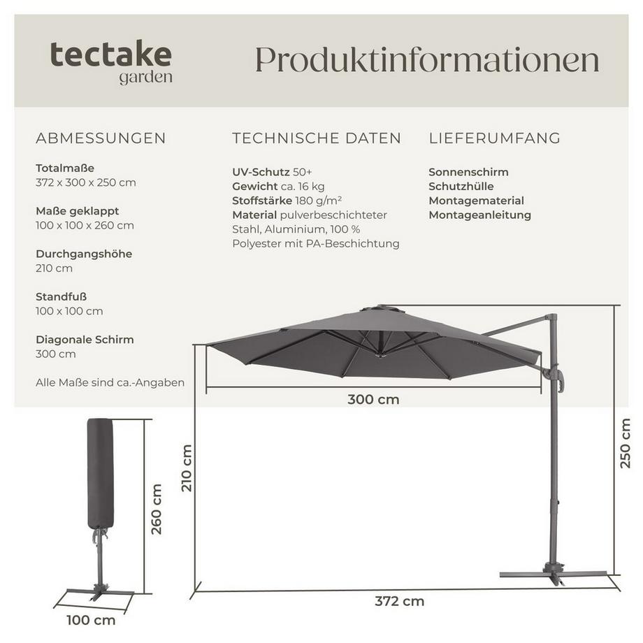 Tectake Sonnenschirm Daria Ø 300 cm leichtgängiger Mechanismus mit Fußpedal  