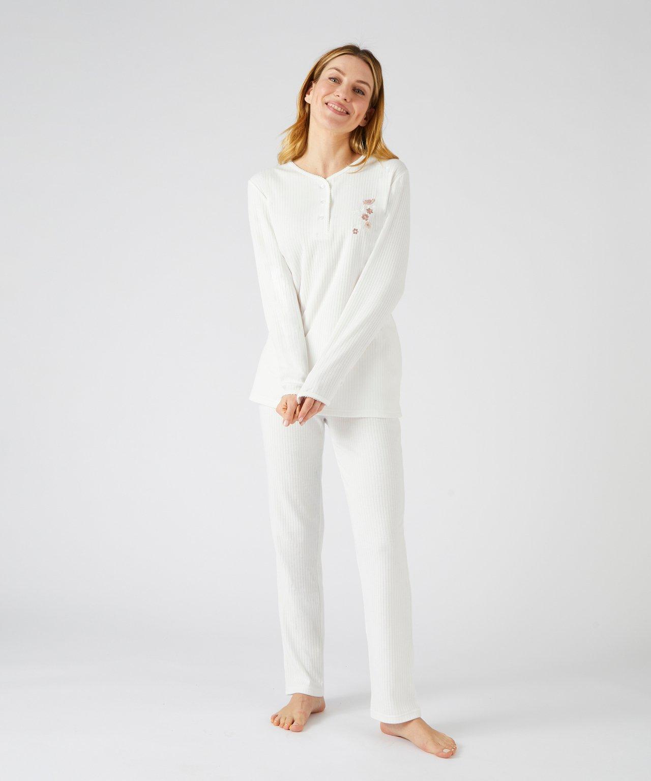 Image of Bestickter Pyjama, Interlock-rippstrick. Unisex Weiss 46/48