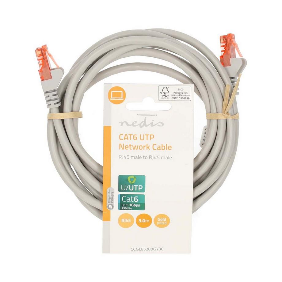 Nedis  Câble réseau CAT6 | RJ45 mâle | RJ45 mâle | U/UTP | 3.00 m | Rond | PVC | Gris | Etiquette 