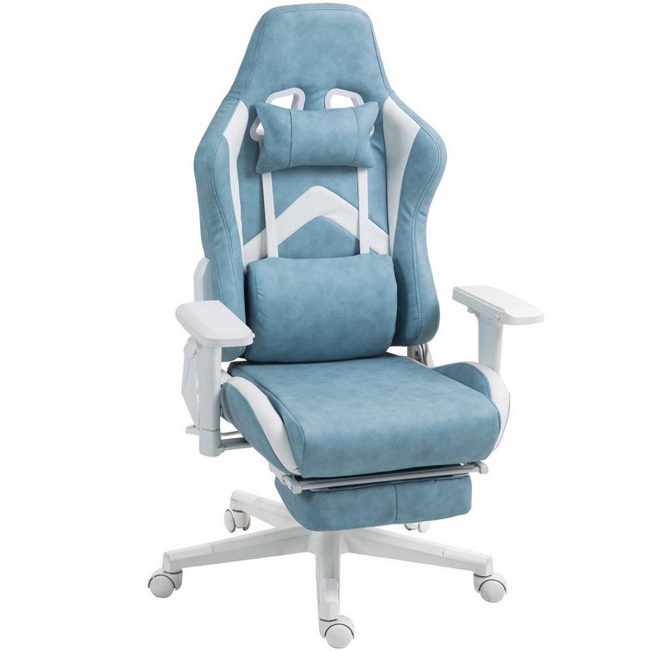 Chaise de jeu avec fonction inclinable, chaise de bureau réglable en hauteur avec coussins tête et lombaires, chaise de jeu ergonomique avec repose-pieds extensible, cuir artificiel, jusqu'à 120 kg, bleu